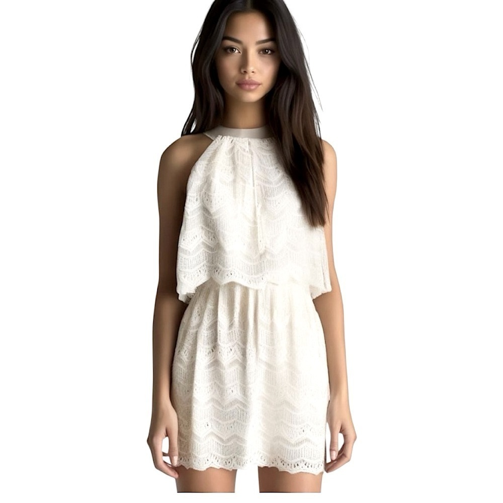 She + Sky Lace Mini Dress Layered M Halter Neck Sleeveless Feminine Minimalist